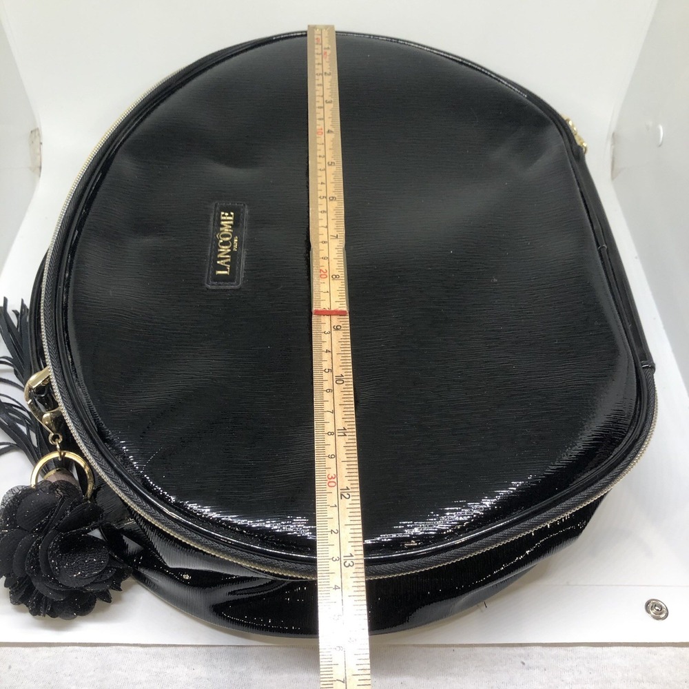 Lancome Large Shiny Black Oval Train Case Cosmetic Bag Gold Zipper Tassel Handle - Picture 10 of 12